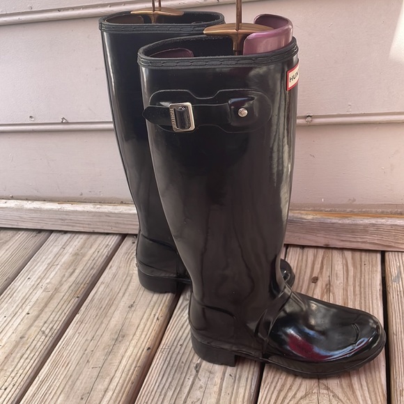 HUNTER Original Gloss Black.Rubber KNEE HIGH Wellies RUBBER Rain Boots Size 5 - Picture 5 of 14